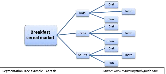 Market segmentation tree, highlighting potential market segments that could be created for the cereal market